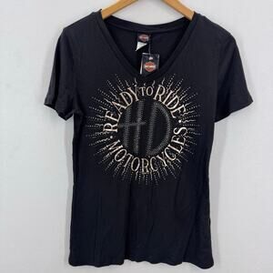 NWT Harley Davidson Ready to Ride T-Shirt Womens S V-Neck Rhinestone Moto Biker